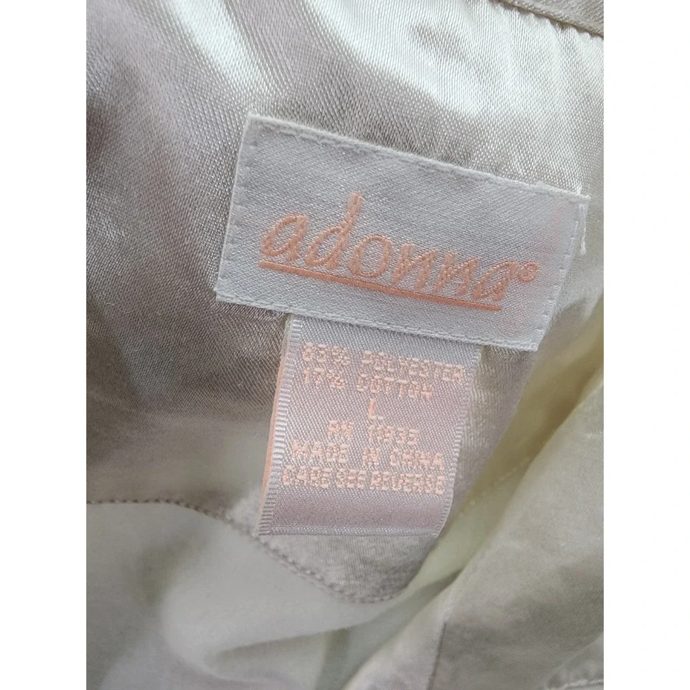 Adonna Satin Sleep Shirt Dress Long Sleeve Bridal White Embroidered Crest Large